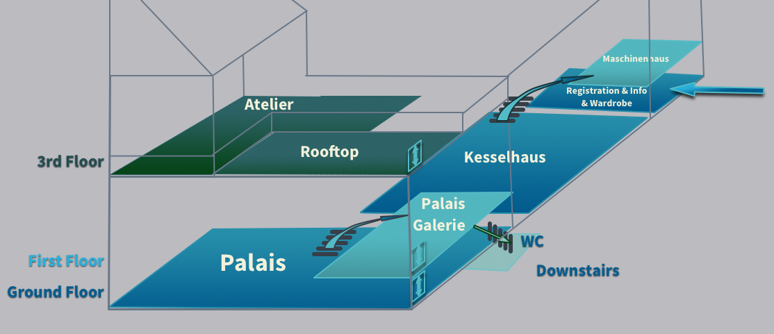 Layered map of all the rooms at the venue showing the names of the rooms, stairs and elevators that can be used.